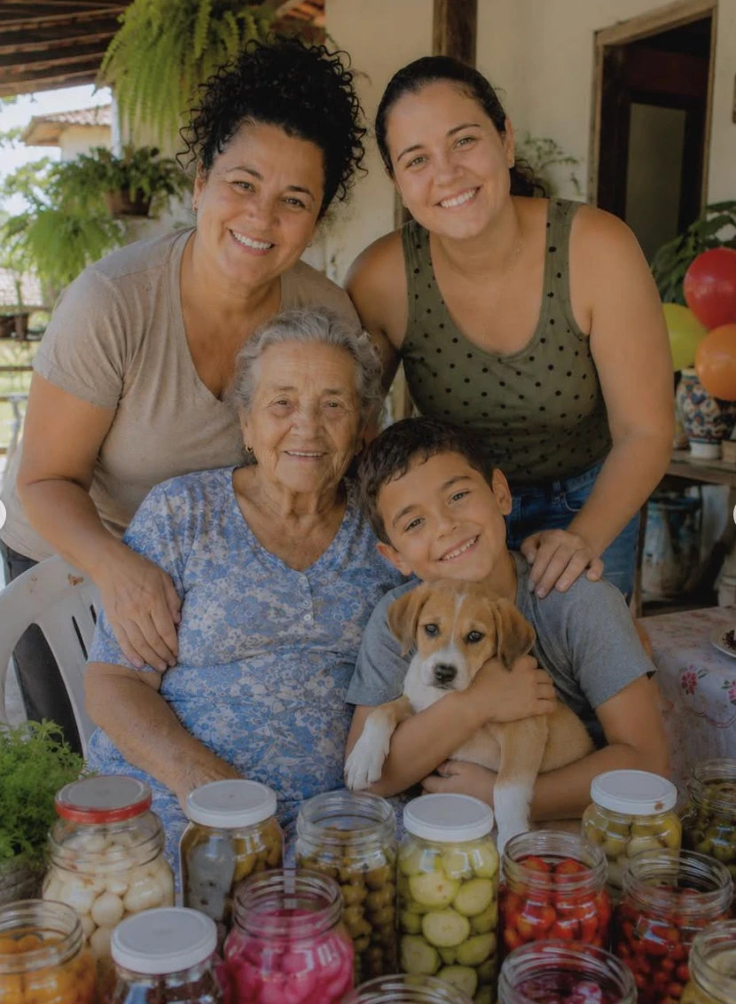 Quatro gerações da família da Cida atrás dos potes de conserva